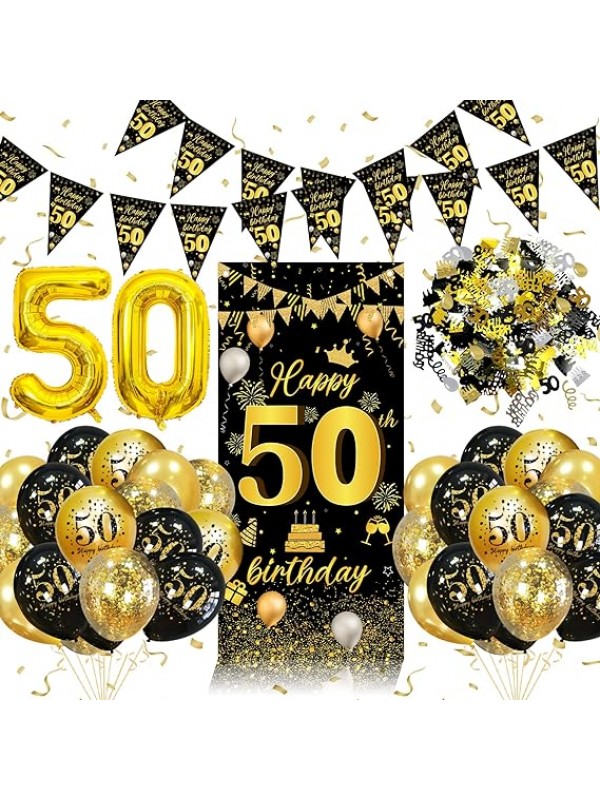 Decoratie 50ste verjaardag, zwart goud, decoratie, banner, confetti, ...