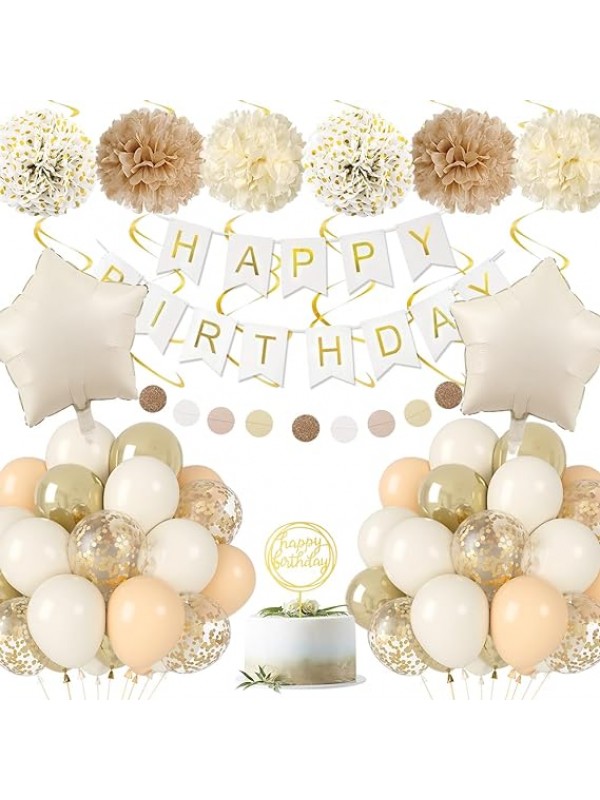 Set verjaardag decoratie met ballonnen, papieren pompons, confetti, ...